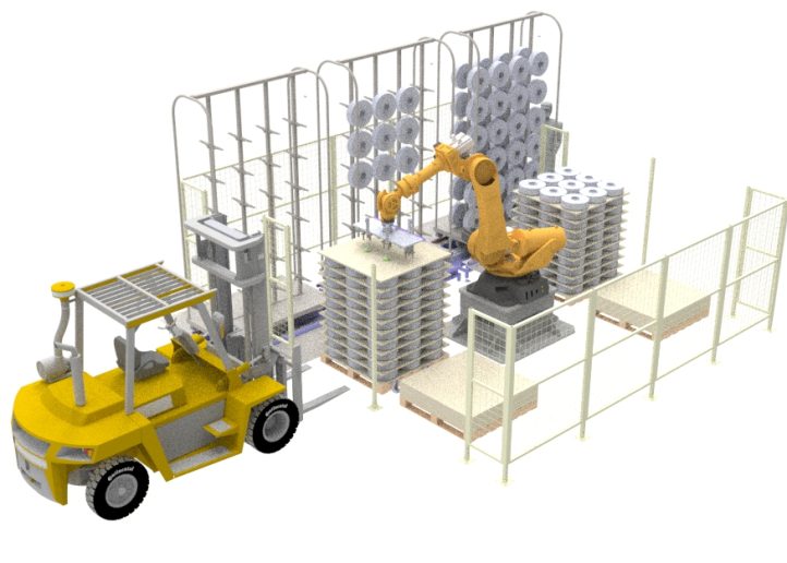 3D drawing SolidWorks design of robot automatic bobbin loading workstation.